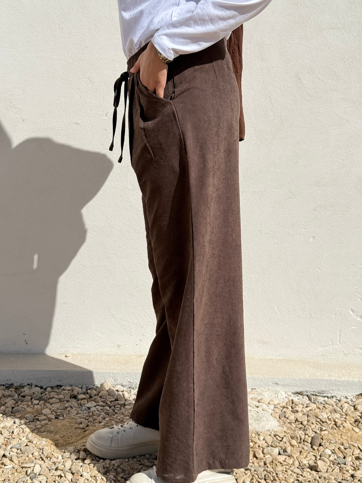 Drawstring Suede Pants - Brown