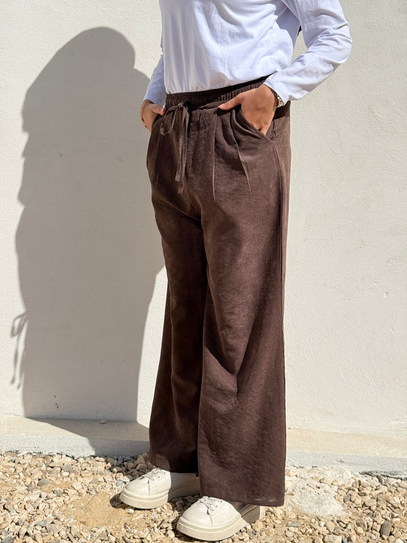 Drawstring Suede Pants - Brown