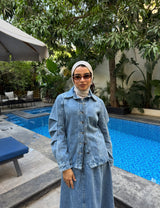 Pleated Sleeves Denim Jacket -Dark Blue
