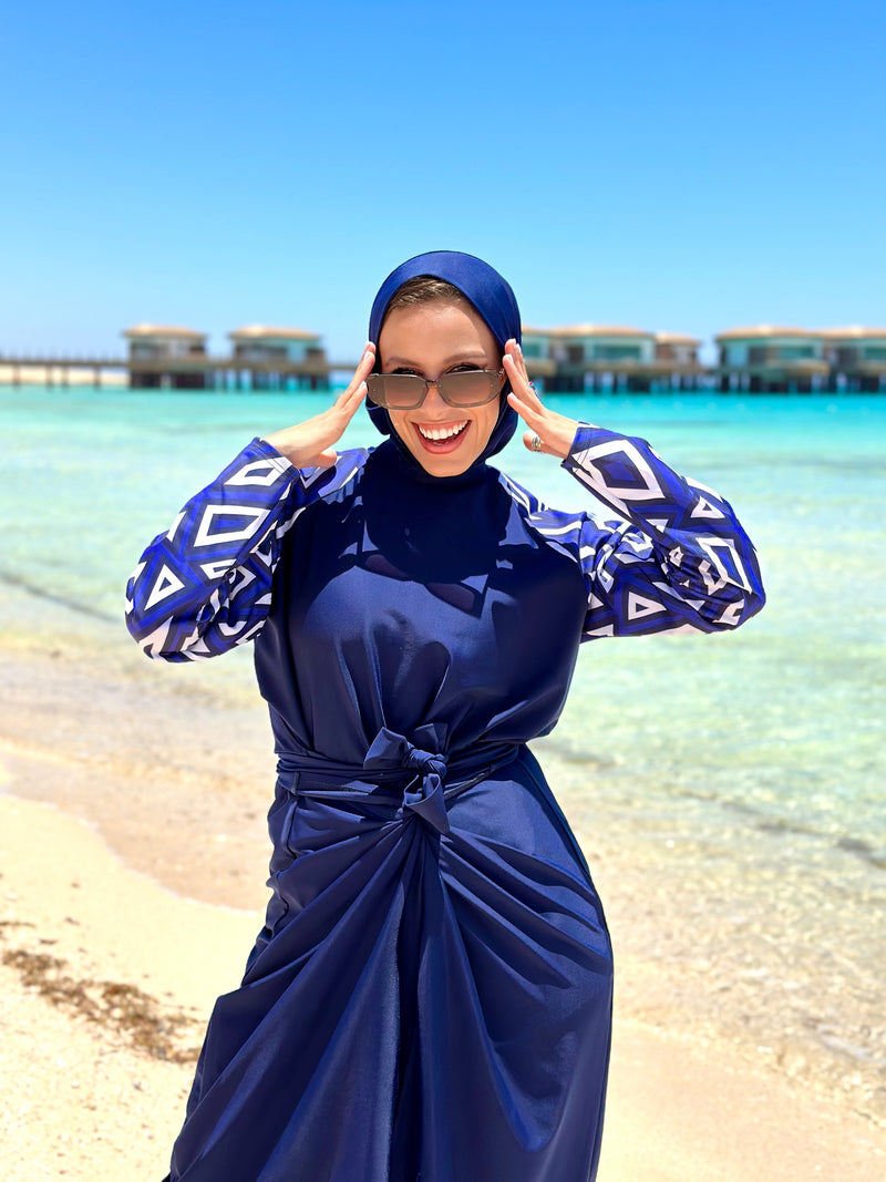 Printed Sleeves Burkini-Blue