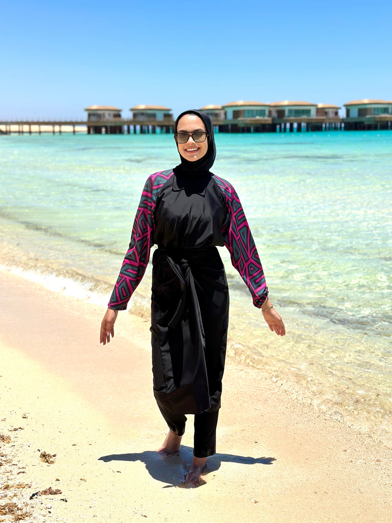 Printed Sleeves Burkini-Fuchsia