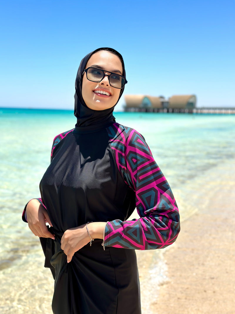 Printed Sleeves Burkini-Fuchsia