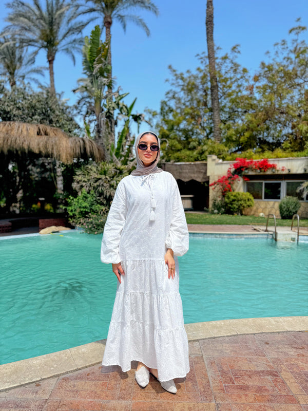 Lined Broderie Dress - White