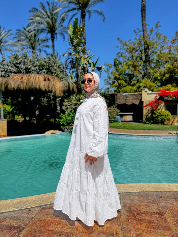 Lined Broderie Dress - White