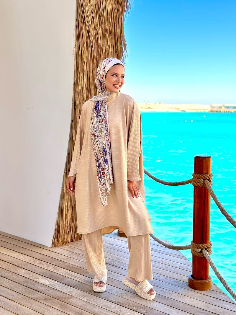Ribbed Wide Leg Pants-Beige