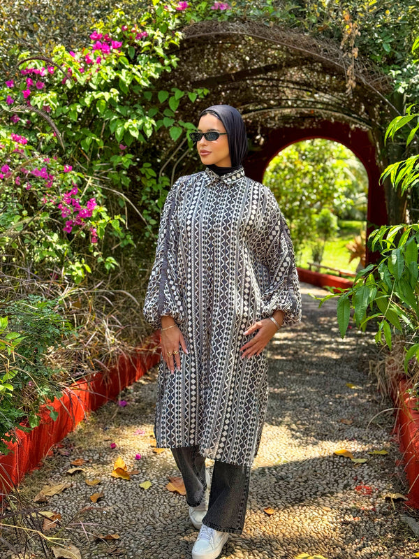 Printed Ruched Sleeves Shirt - Beige