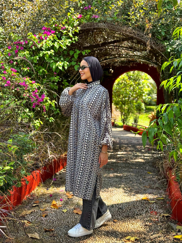 Printed Ruched Sleeves Shirt - Beige