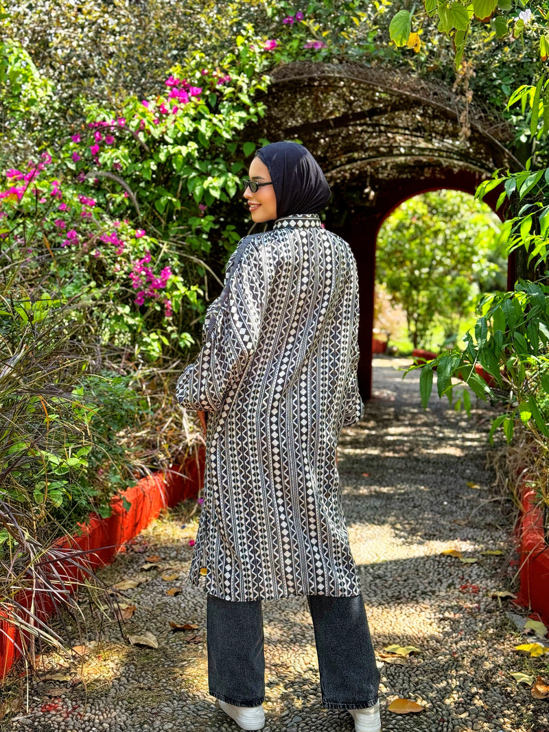 Printed Ruched Sleeves Shirt - Beige