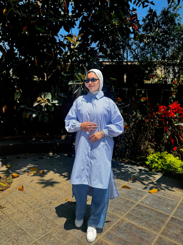 Ruched Sleeves Shirt - Dark Blue*White