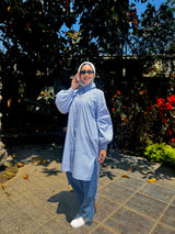 Ruched Sleeves Shirt - Dark Blue*White