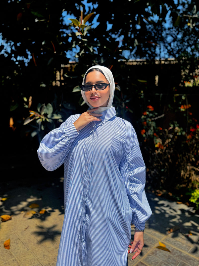 Ruched Sleeves Shirt - Dark Blue*White
