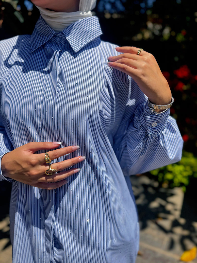 Ruched Sleeves Shirt - Dark Blue*White