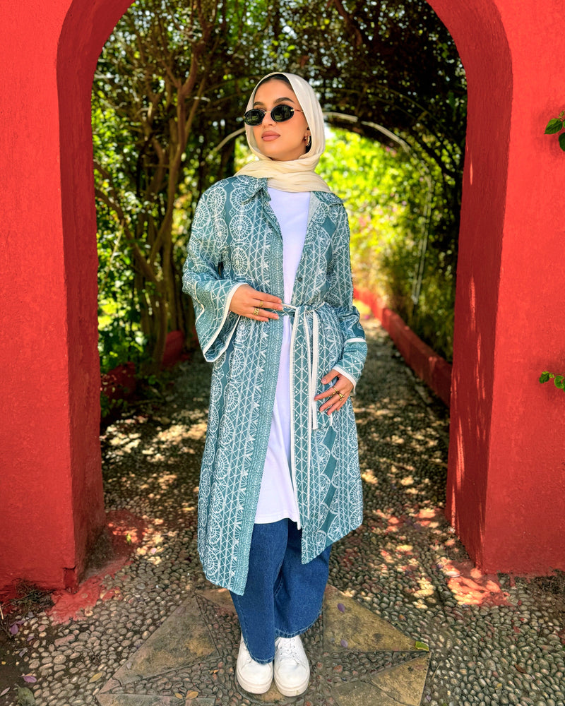 Patterned  Linen Shirt - Teal