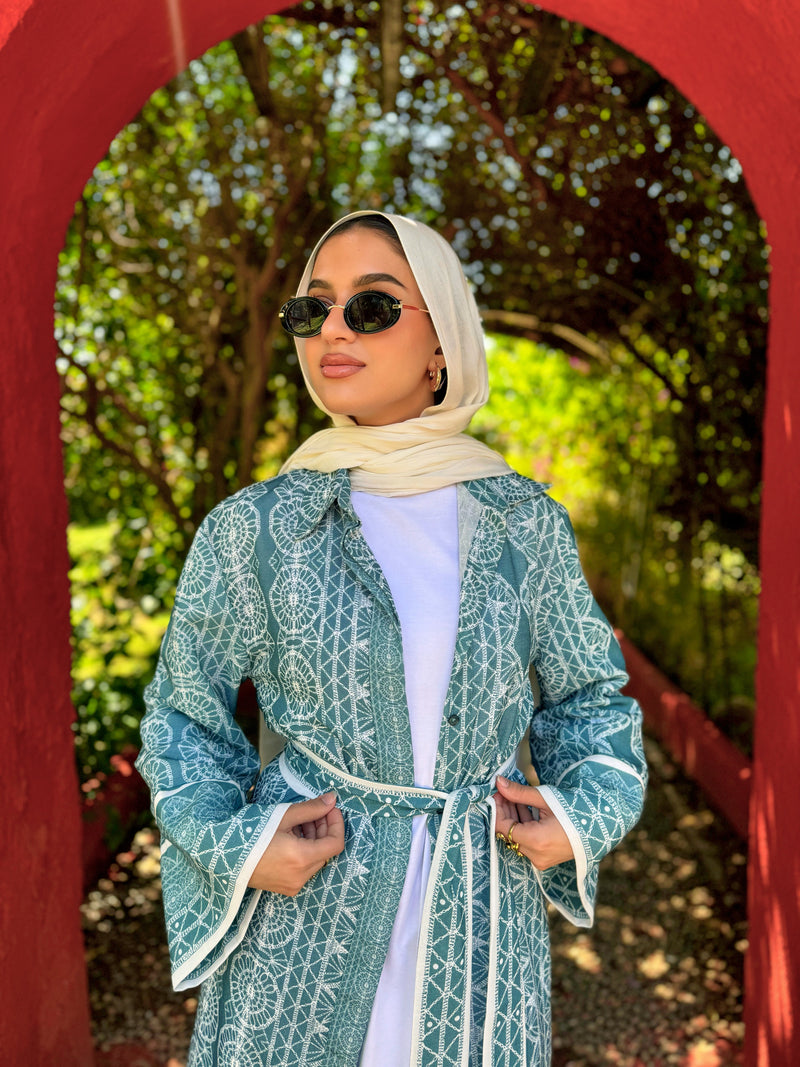 Patterned  Linen Shirt - Teal
