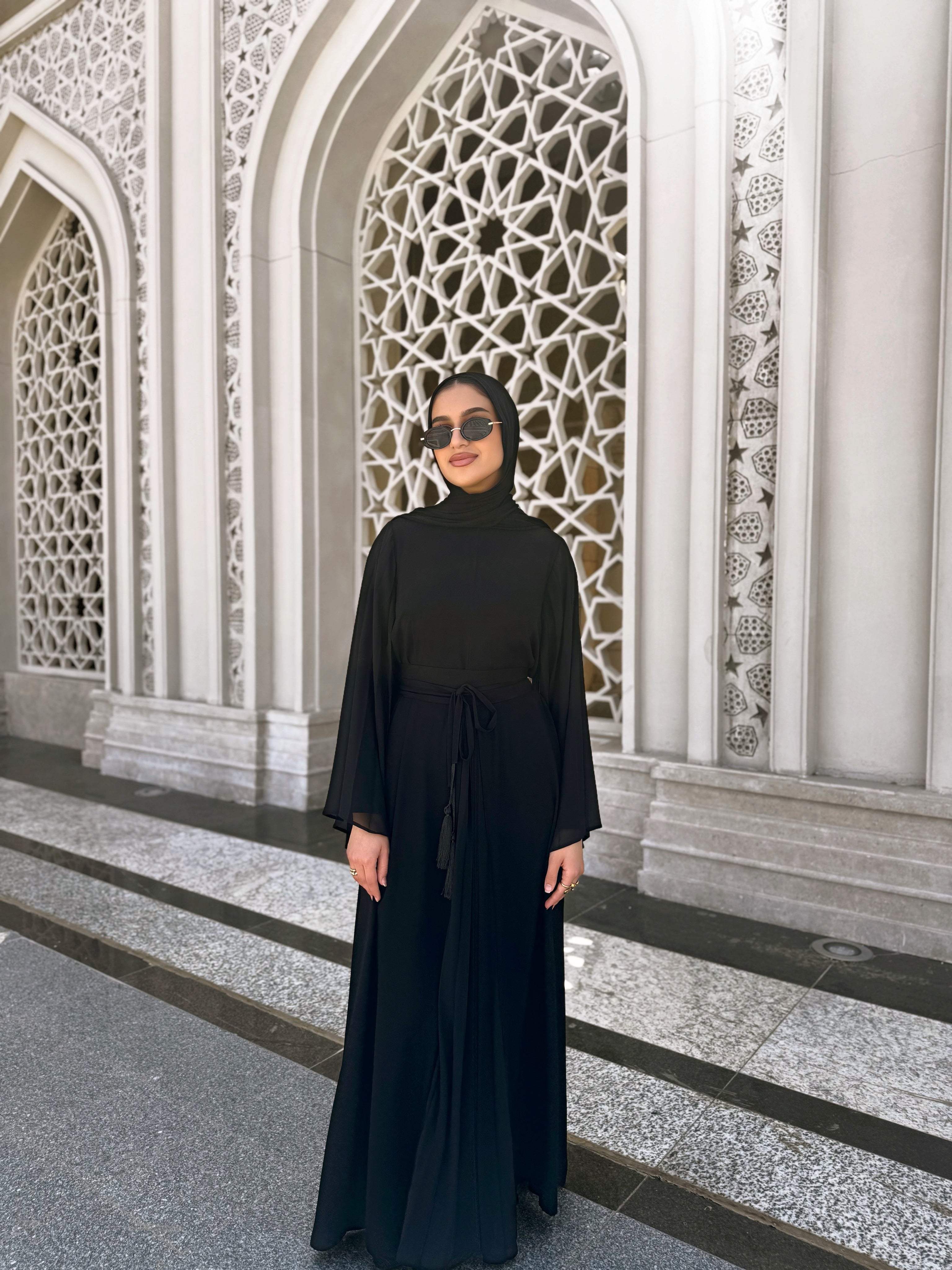 Pleated Chiffon Sleeves Abaya - Black