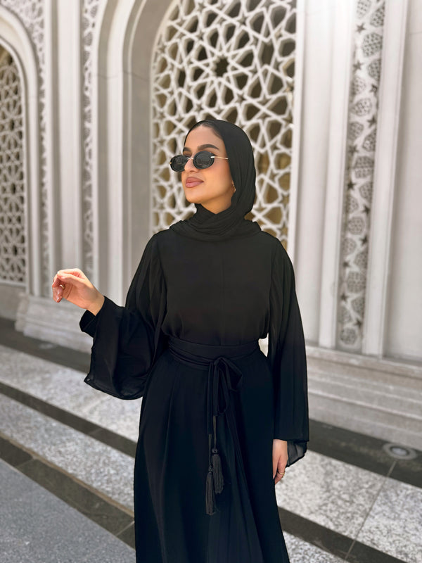 Pleated Chiffon Sleeves Abaya - Black