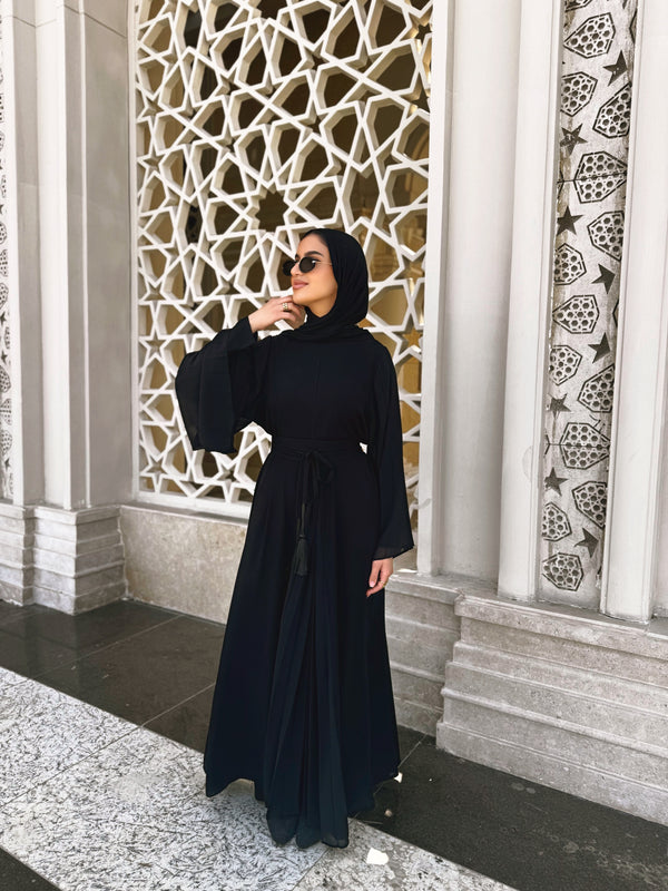 Pleated Chiffon Sleeves Abaya - Black