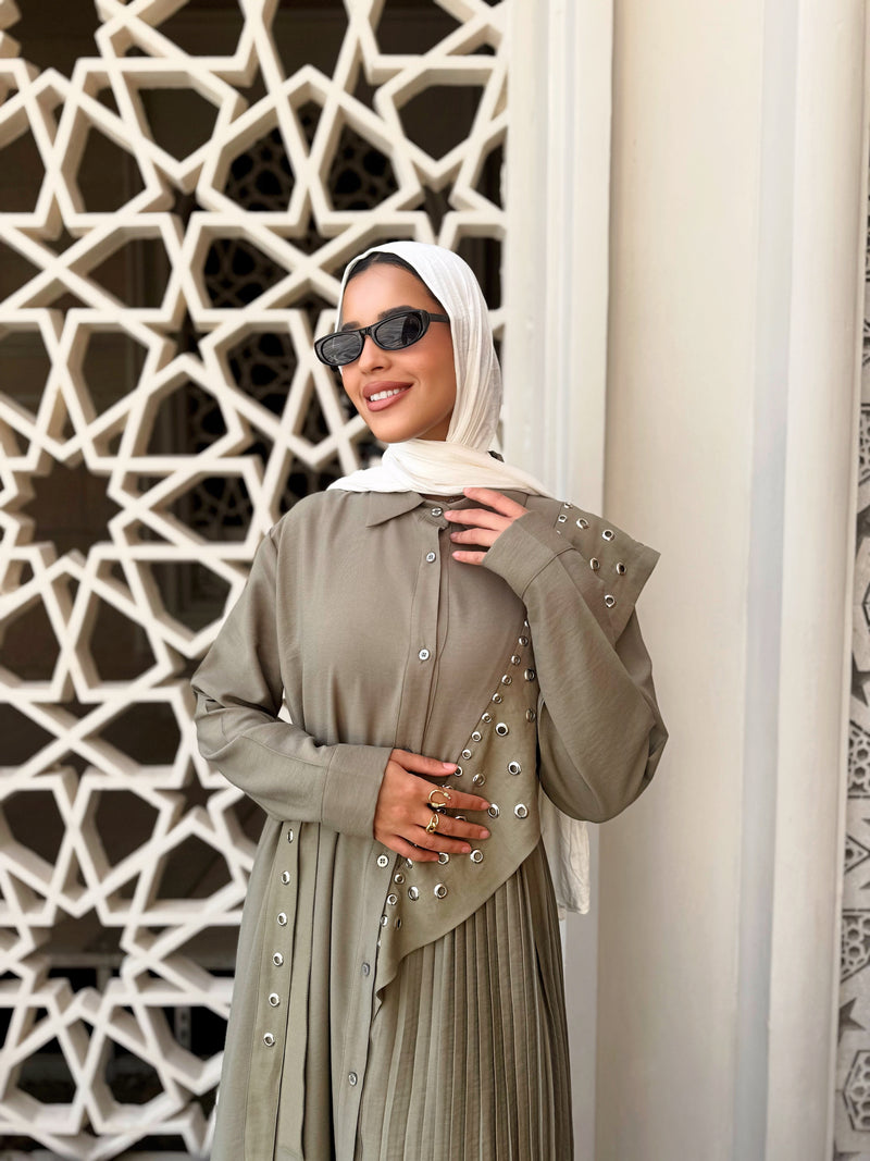 Eyelets With Pleats Dress - Olive