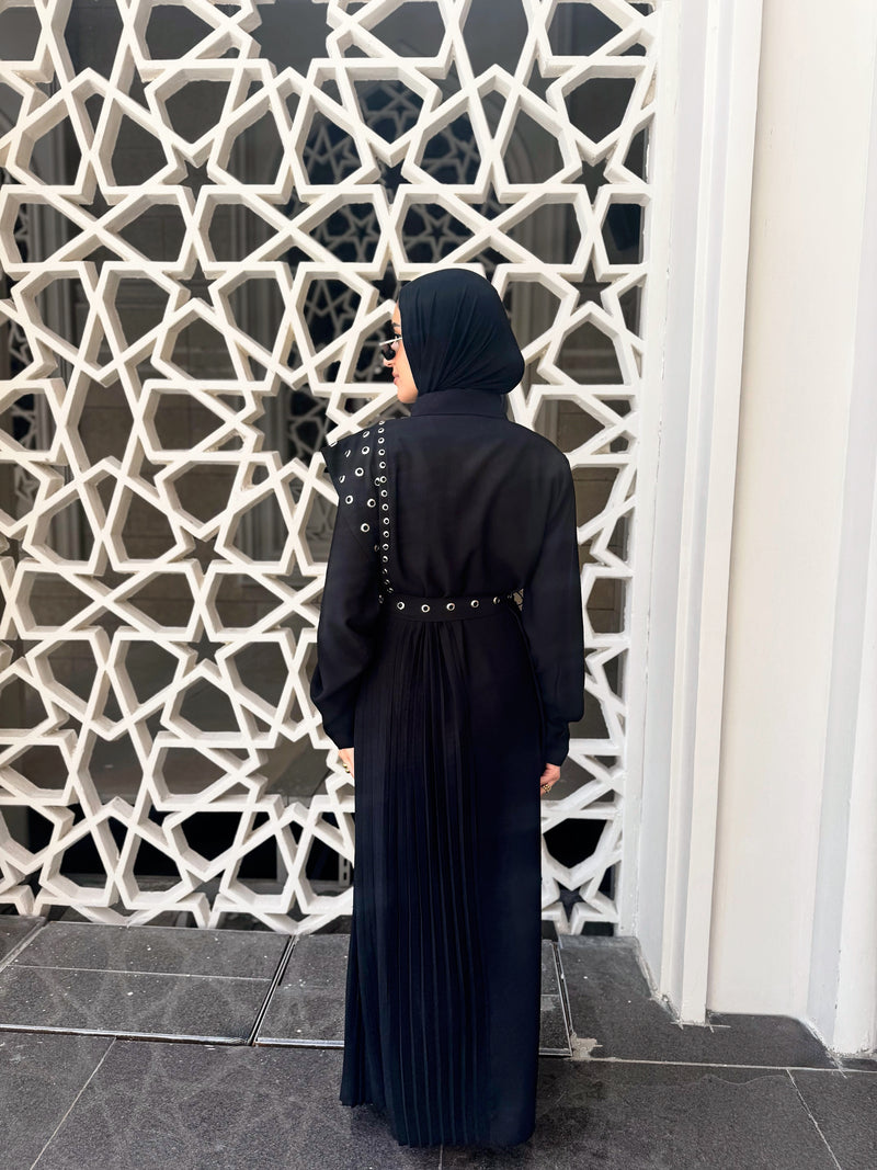 Eyelets With Pleats Dress - Black