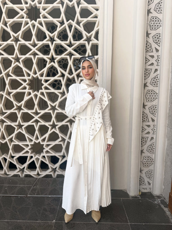 Eyelets With Pleats Dress - White