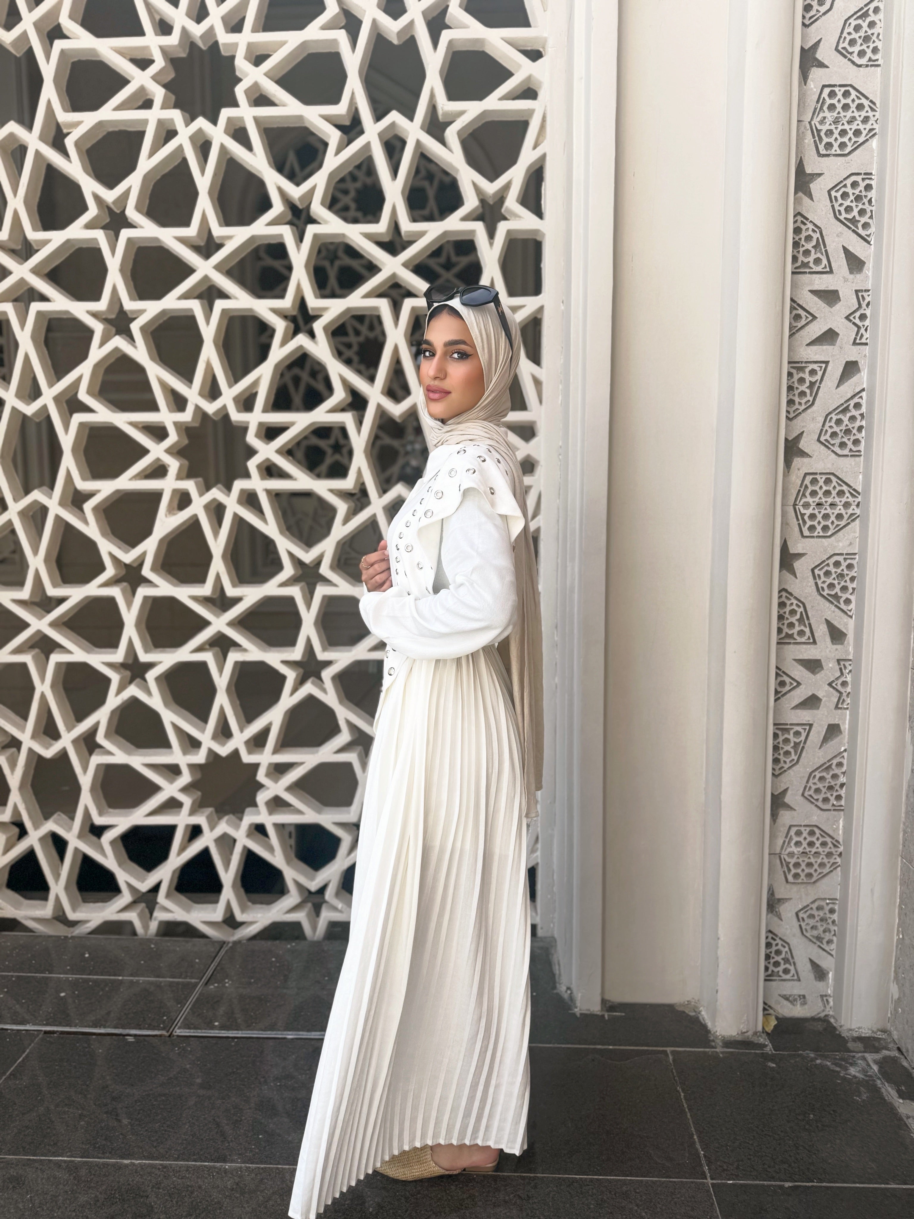 Eyelets With Pleats Dress - White
