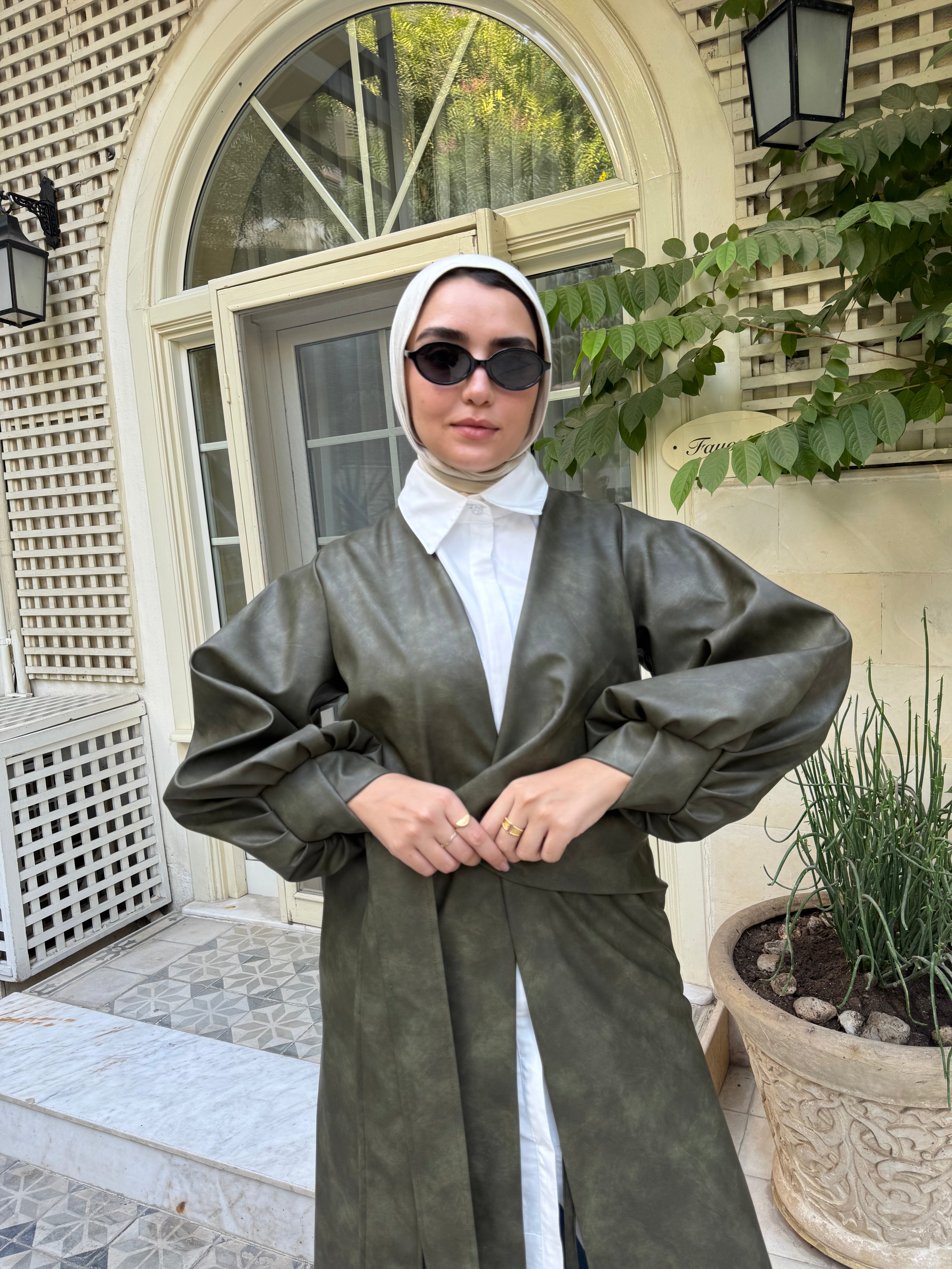 Overlap Leather Blouse - Olive