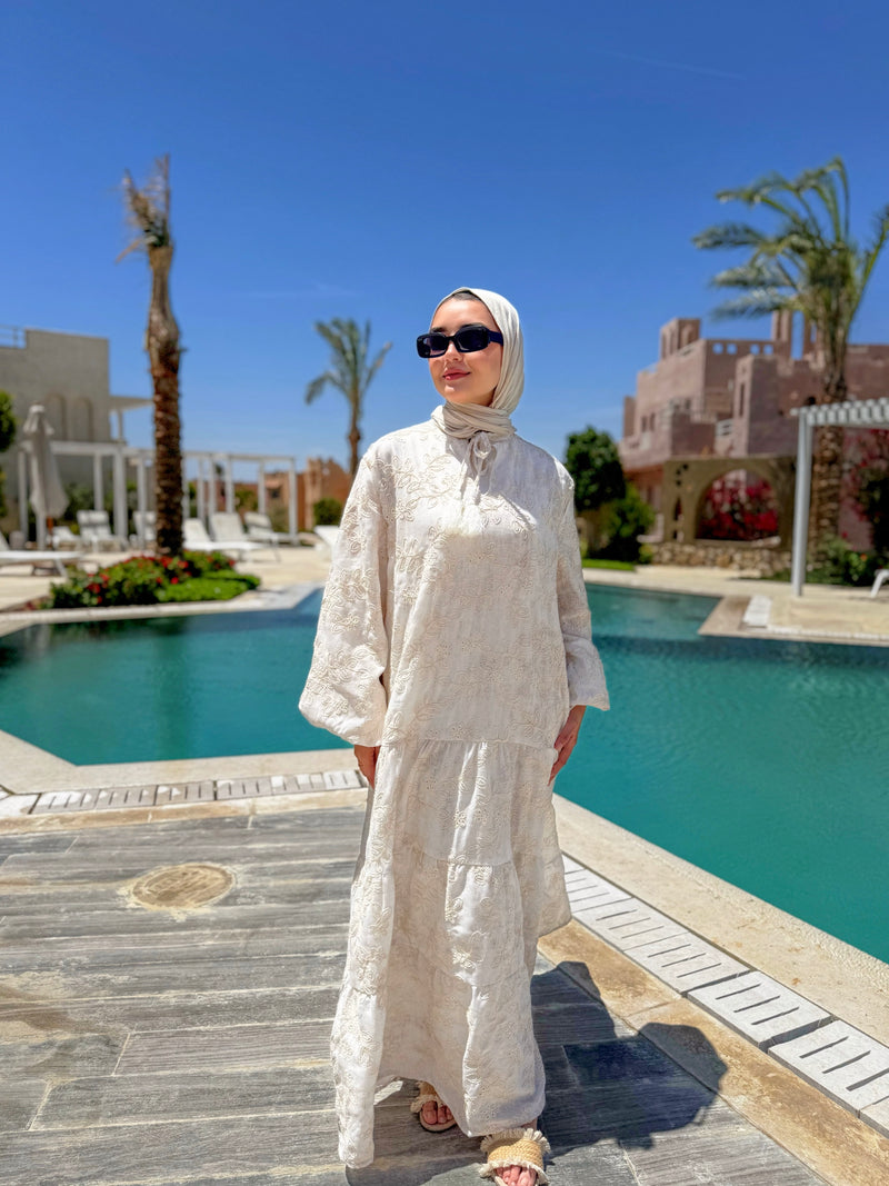 Colored Broderie Dress - Offwhite