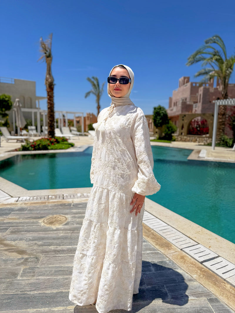 Colored Broderie Dress - Offwhite