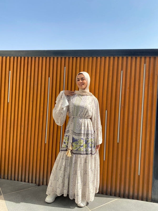 Tasseled Chiffon Dress-Beige