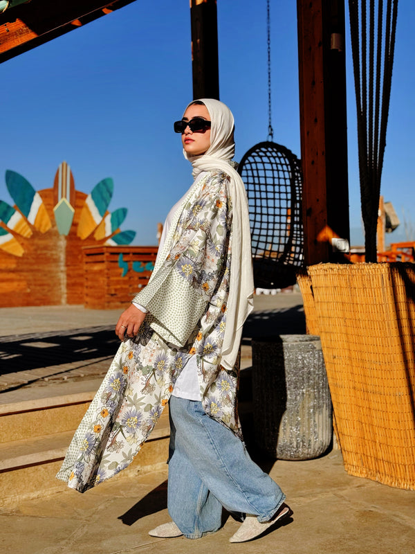 Kimono Satin Mix Prints - White Floral