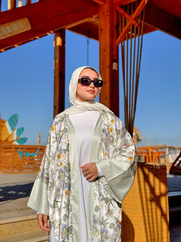 Kimono Satin Mix Prints - White Floral