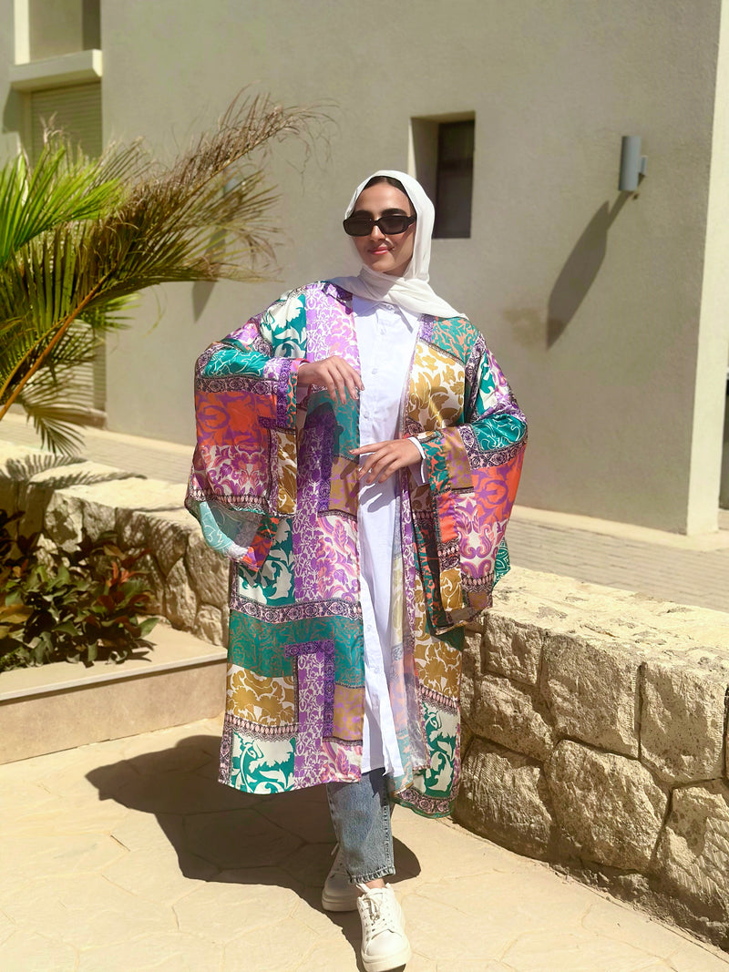 Flag Sleeves Kimono-Green*Purple