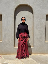 Printed Knot Satin Skirt - Maroon