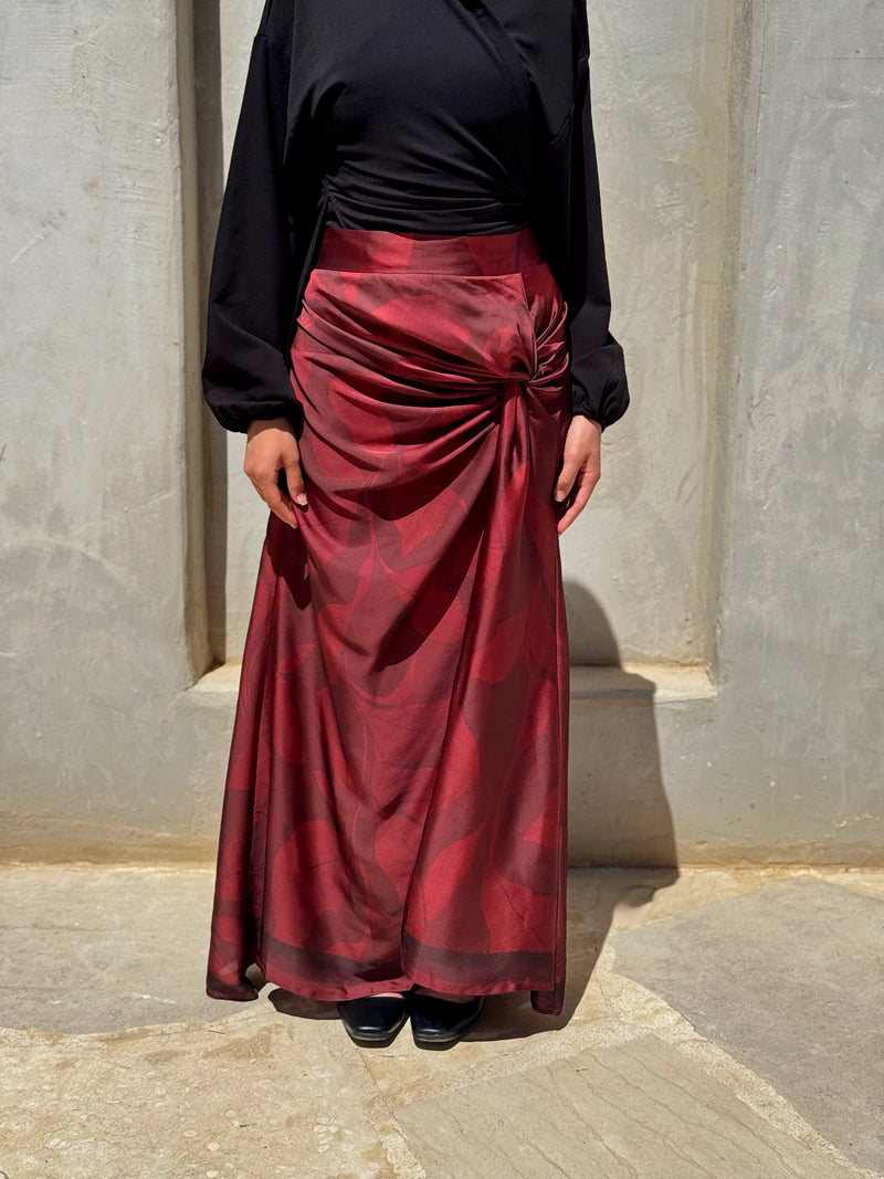 Printed Knot Satin Skirt - Maroon
