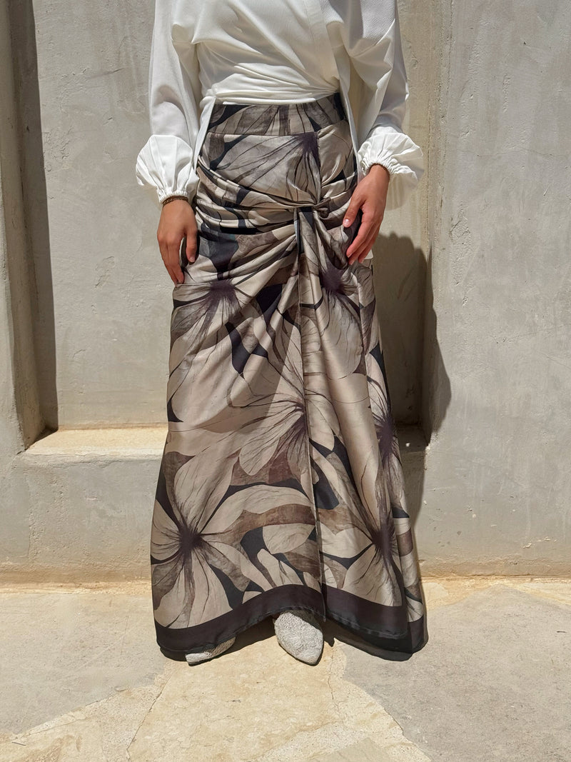 Printed Knot Satin Skirt - Floral Black