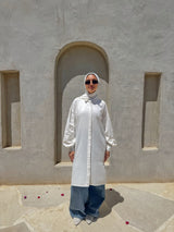 Linen Ruched Sleeves Shirt - White
