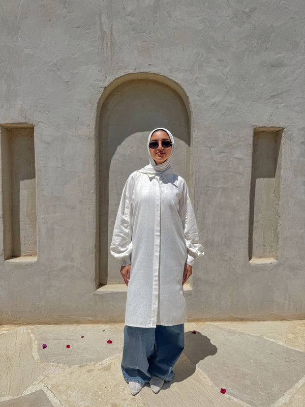 Linen Ruched Sleeves Shirt - White