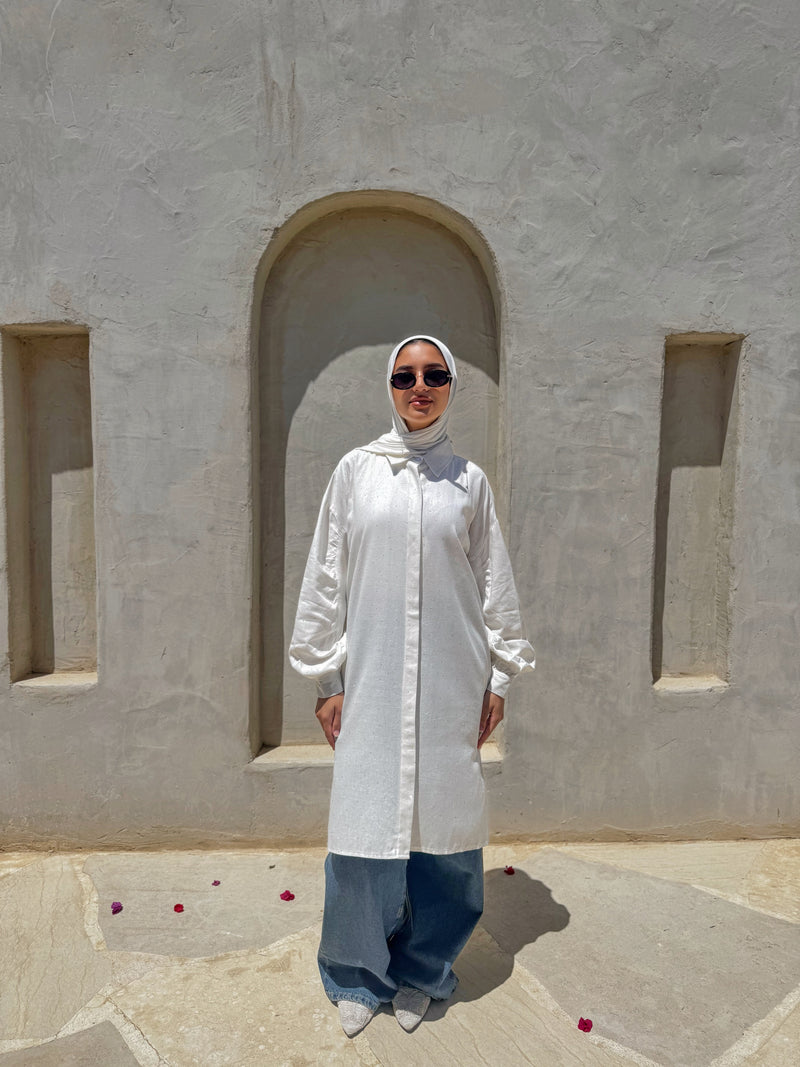 Linen Ruched Sleeves Shirt - White