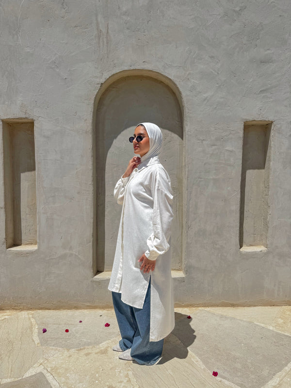 Linen Ruched Sleeves Shirt - White