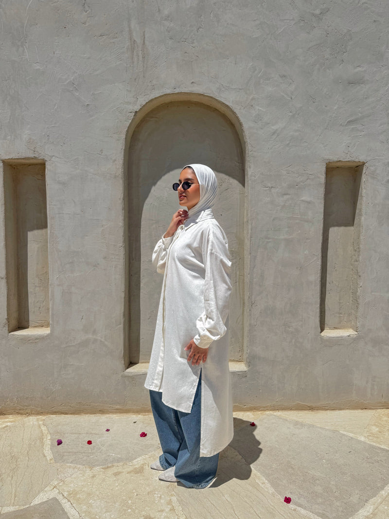 Linen Ruched Sleeves Shirt - White