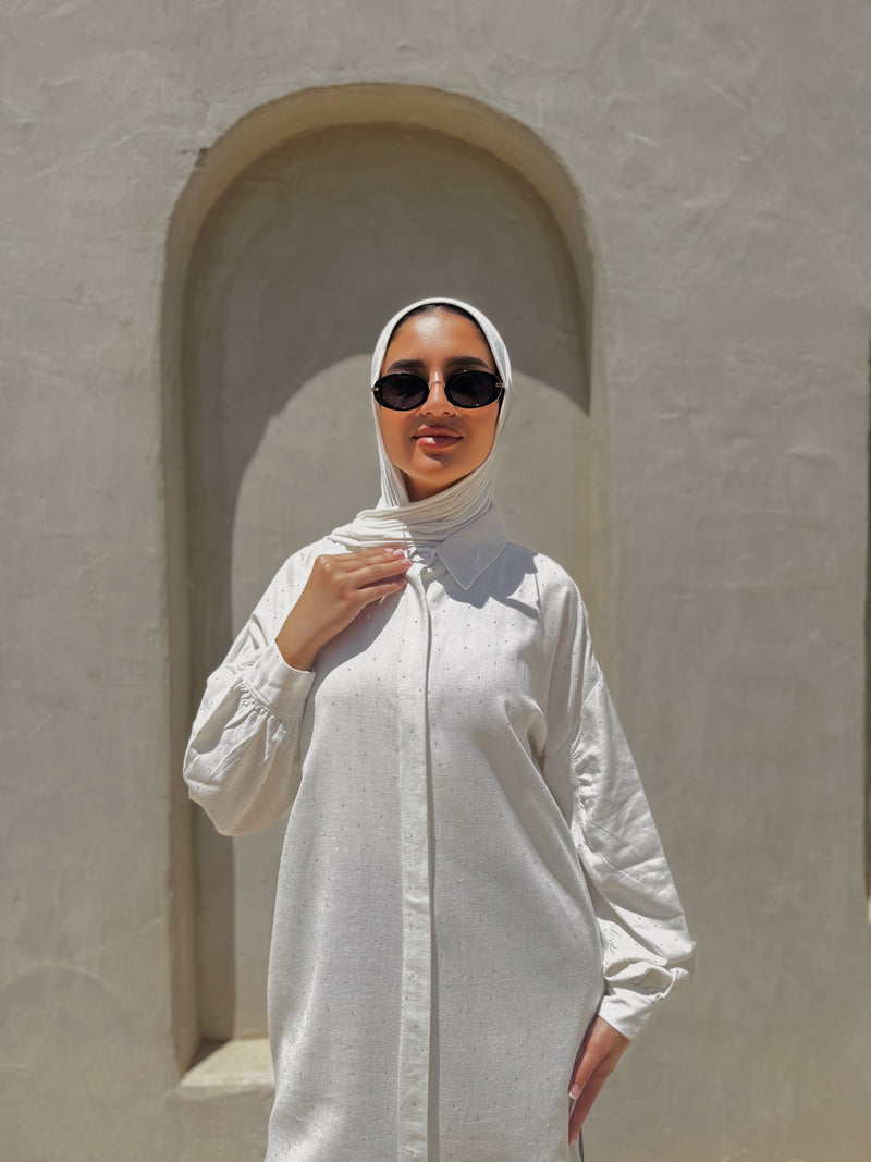 Linen Ruched Sleeves Shirt - White