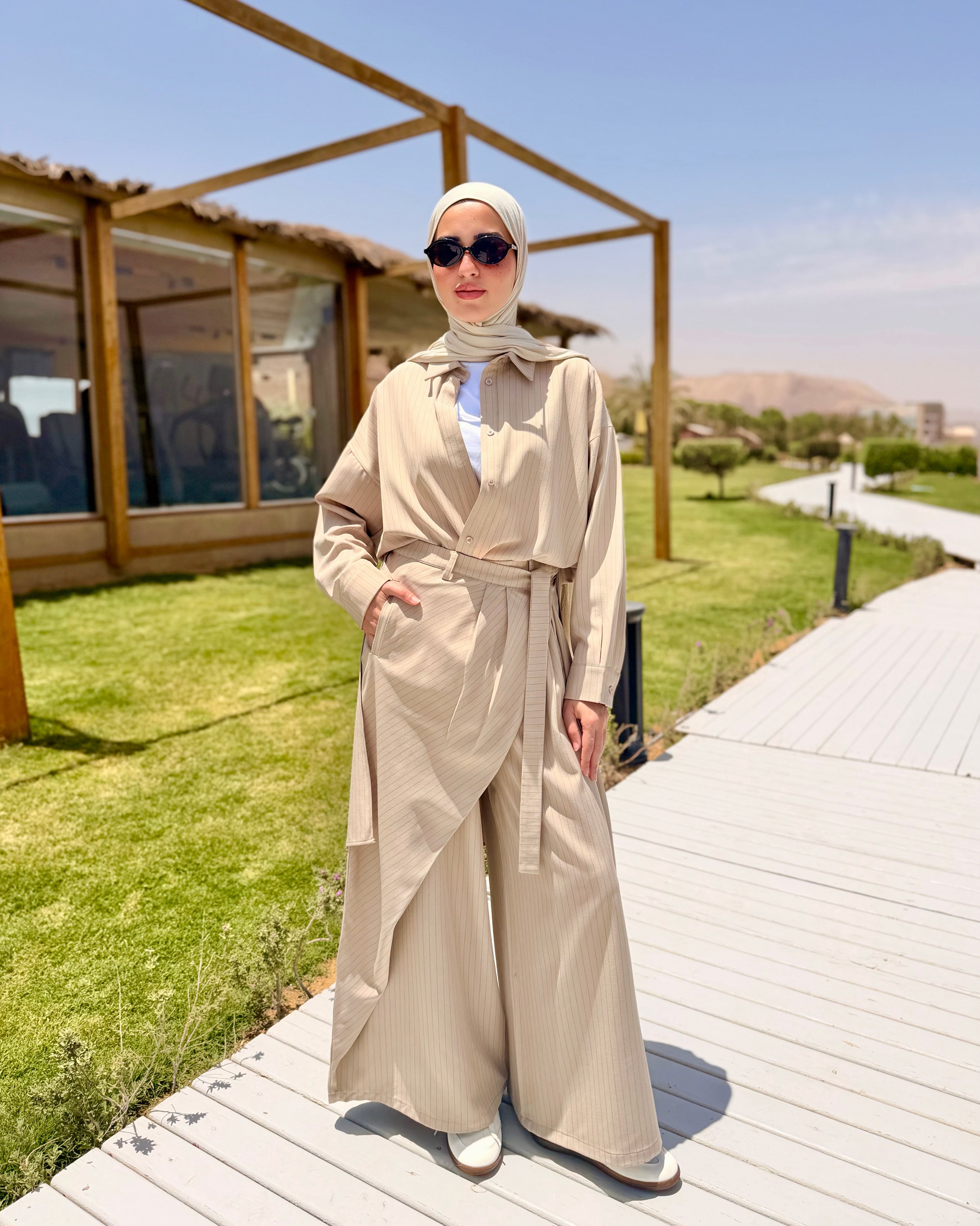 Side-Tie Pants-Striped Beige