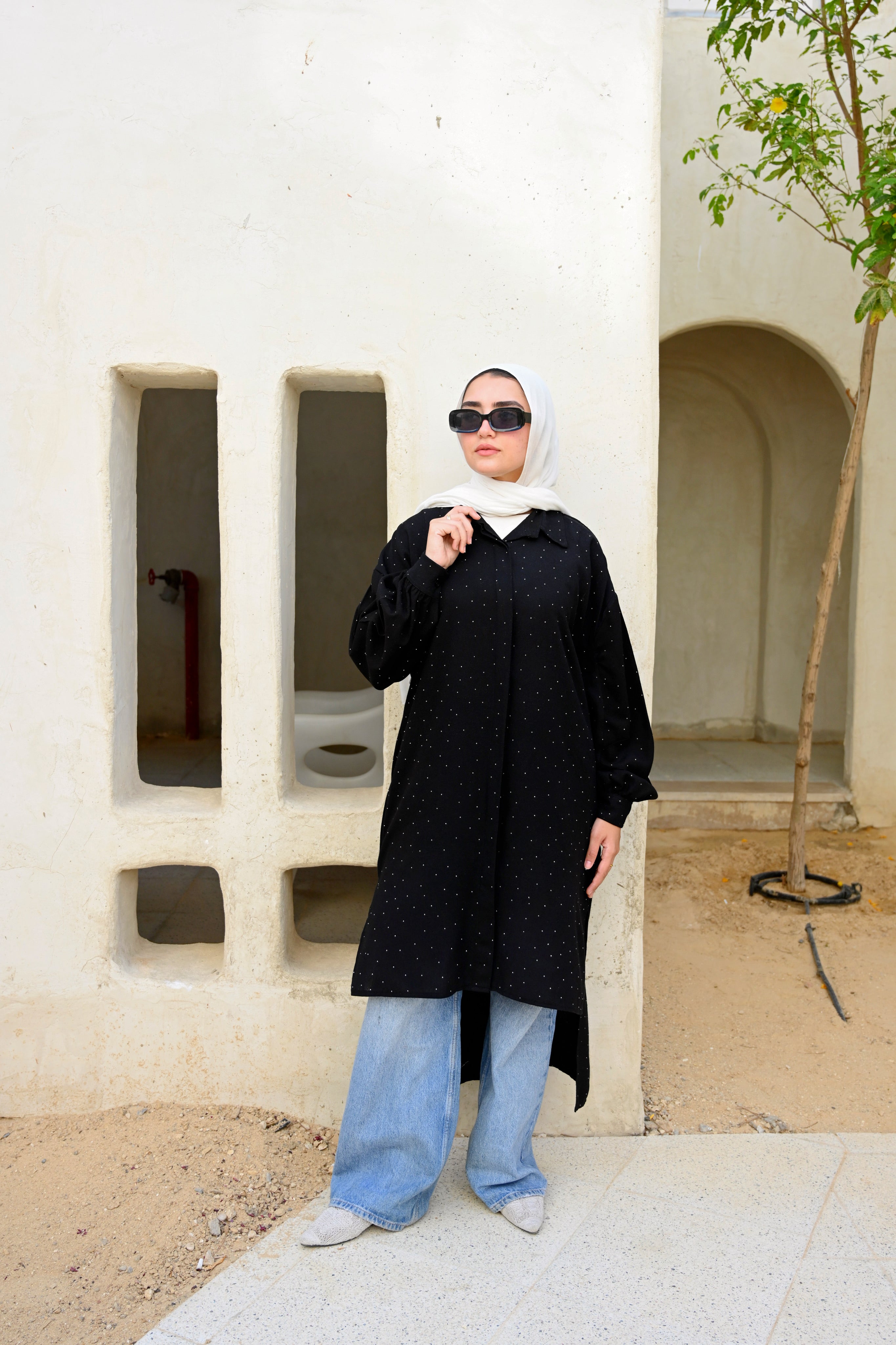 Linen Ruched Sleeves Shirt - Black