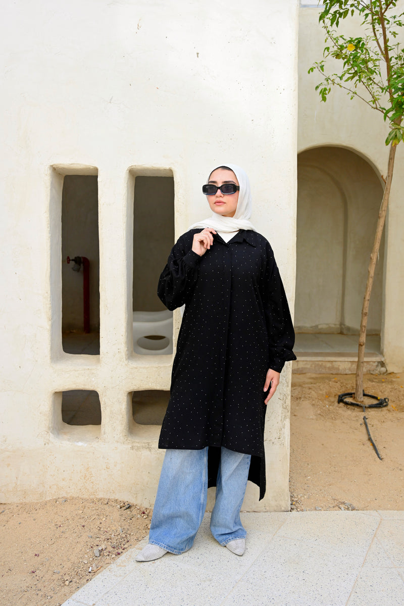 Linen Ruched Sleeves Shirt - Black