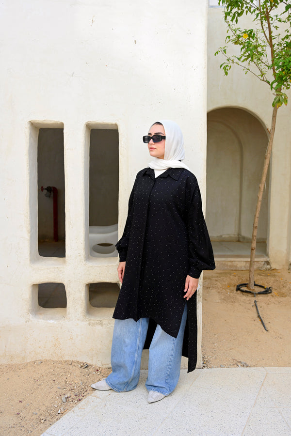 Linen Ruched Sleeves Shirt - Black