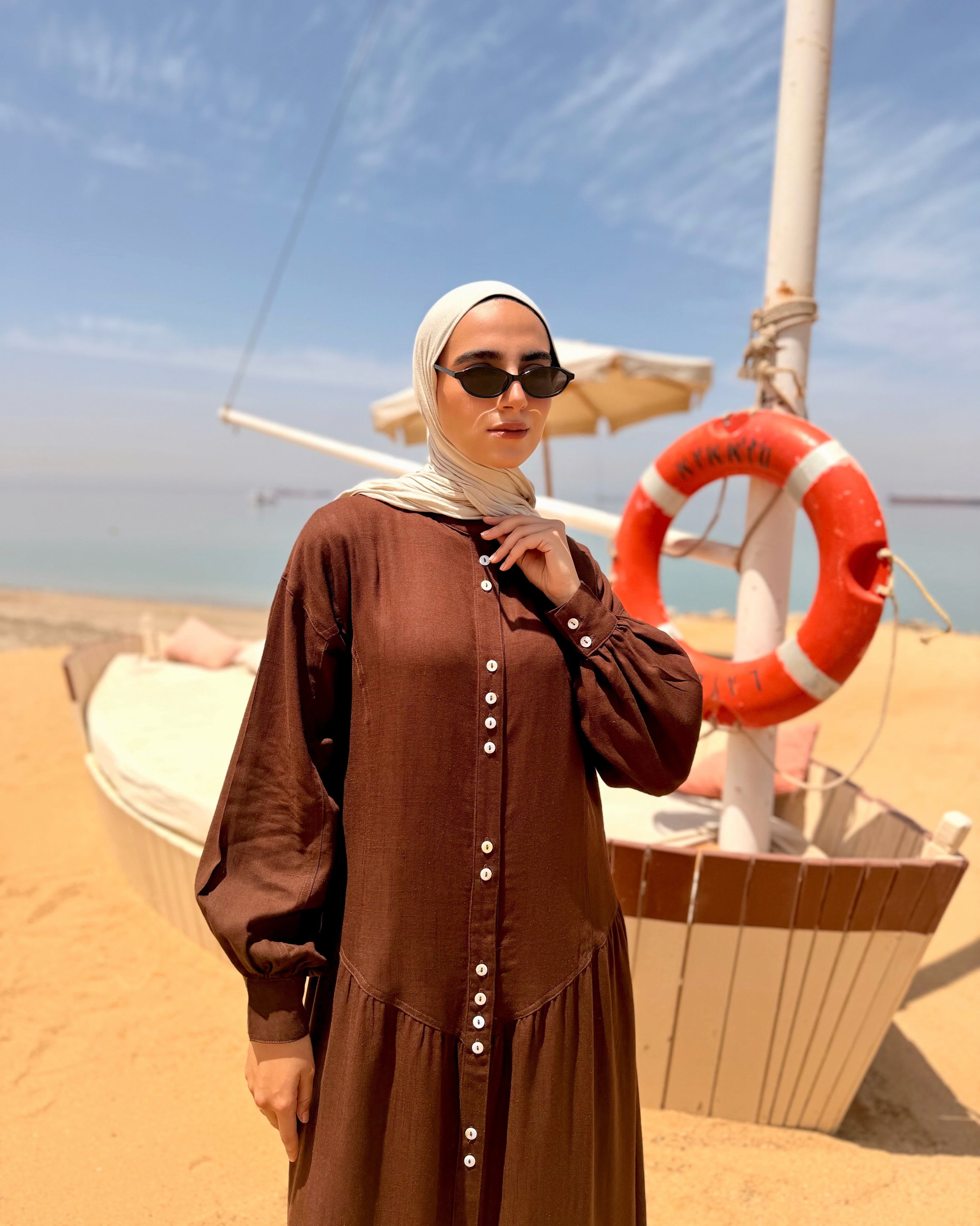 Shell Buttons Dress-Brown
