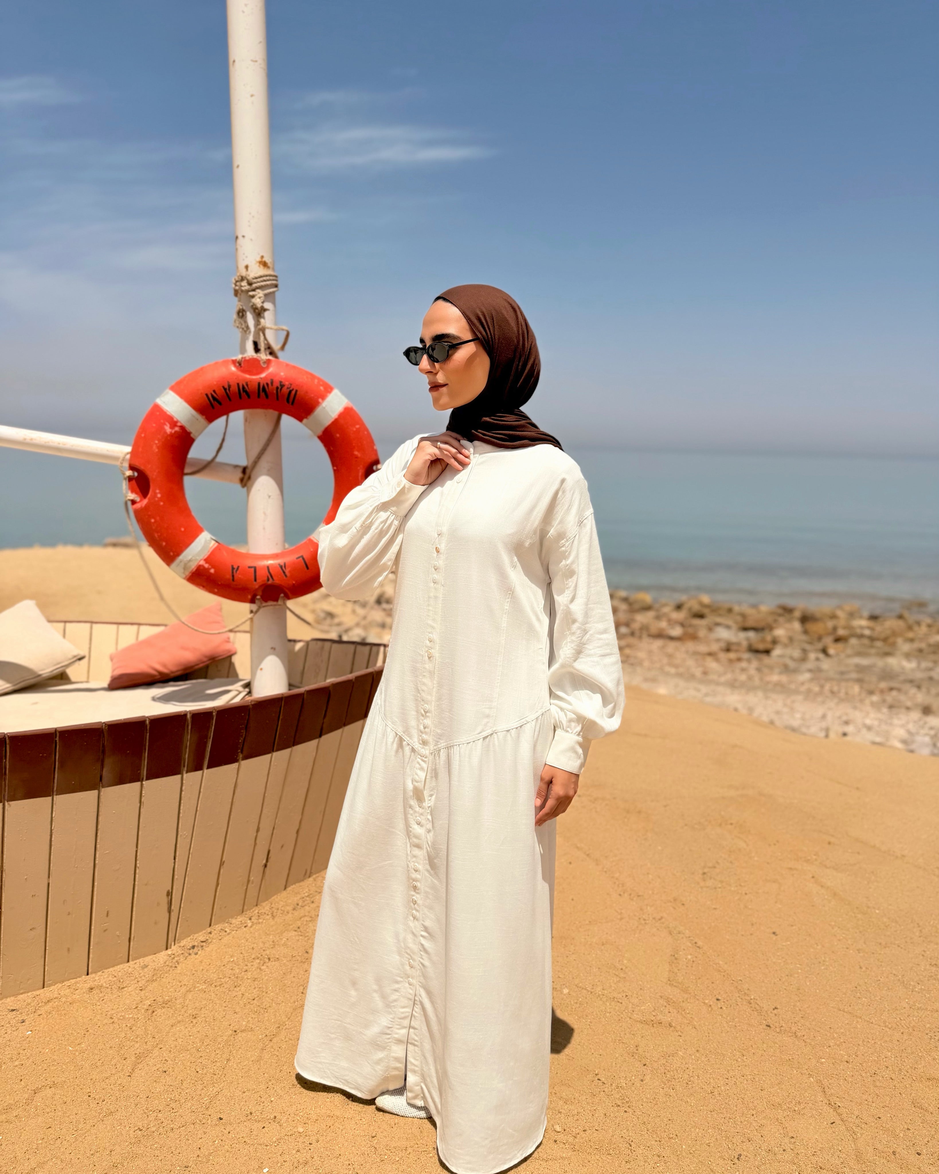 Shell Buttons Dress-White