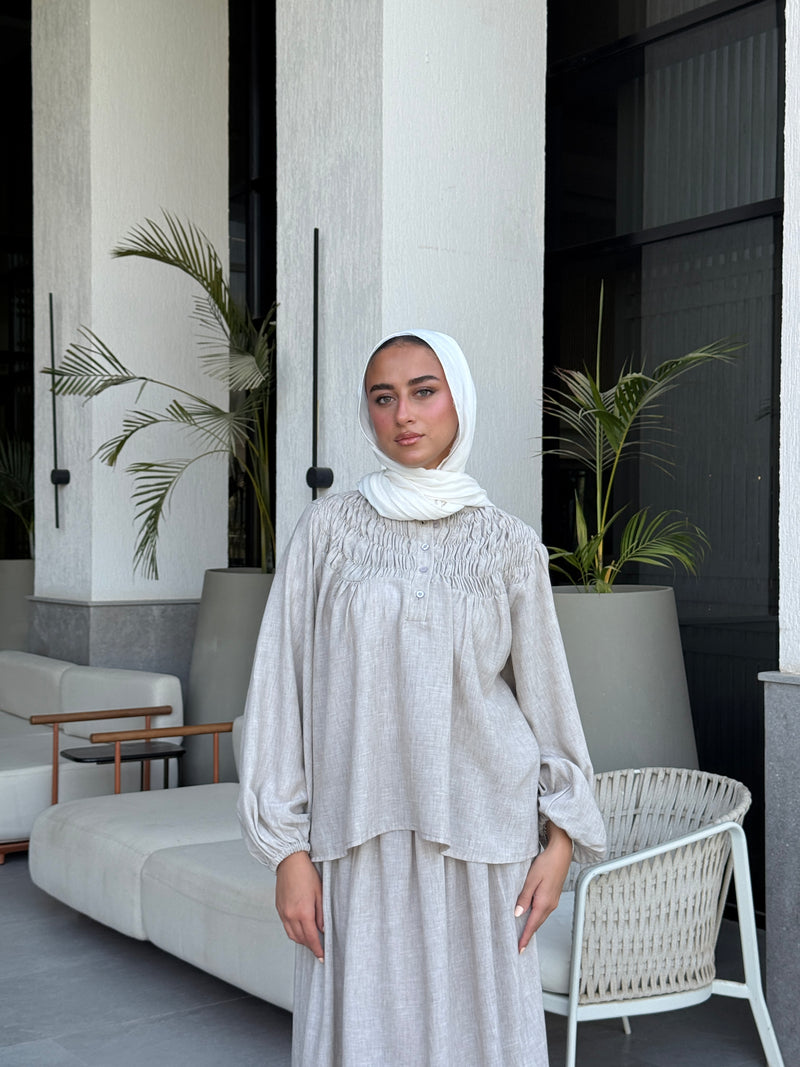 Linen Shirred Blouse - Beige