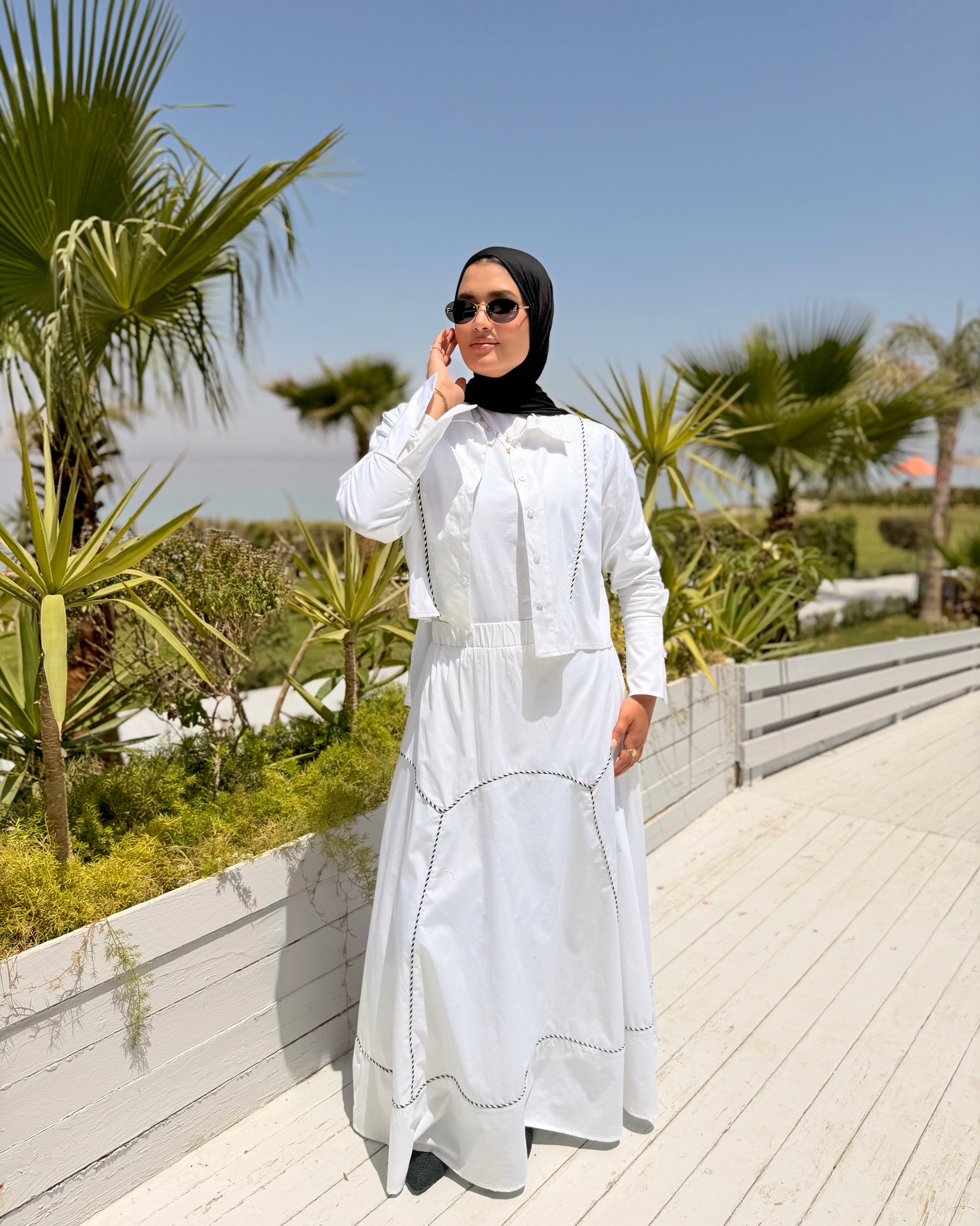Piped Poplin Skirt-White