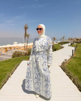 Overlap Printed Linen Dress-Blue